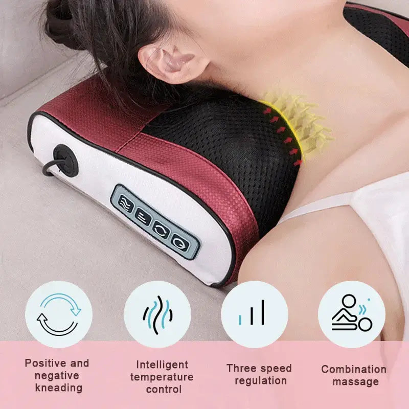 Neck and shoulder massager with adjustable kneading, temperature control, and three-speed settings for relaxation.