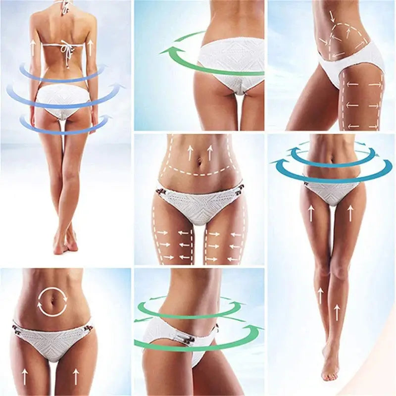 Images showing anti-cellulite massager effects on body sliming and muscle relaxation with arrows indicating massage directions.