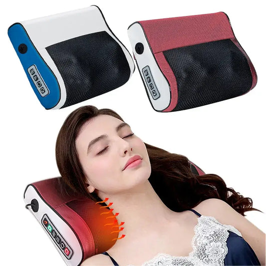 Multi-functional neck and shoulder massager in red and blue colors, providing heated relaxation for neck pain relief.
