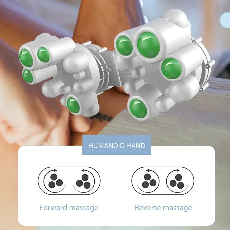 Humanoid hand massage tool demonstrating forward and reverse massage functions for neck and shoulder relaxation.